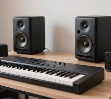 A clean and minimalist home music studio setup in a South Asian urban apartment, featuring high-quality speakers and a MIDI keyboard.