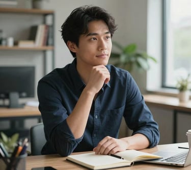 A professional portrait of a content writer sitting at a desk with a notebook, looking thoughtful and inspired. Modern North American / European workspace with soft daylight.