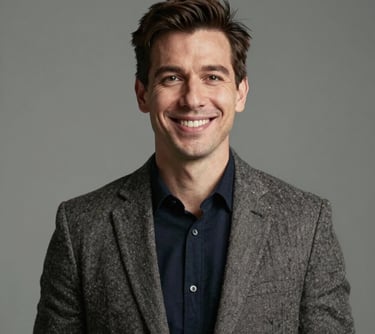 A professional portrait of a creative professional in a North American / European studio, dressed in smart-casual attire. They are smiling warmly, conveying a sense of strategic intelligence and creative passion. Soft studio lighting.