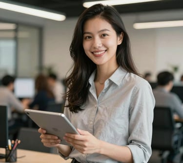 A professional portrait of a social media manager in a North American / European office setting, holding a tablet and smiling. The atmosphere is professional yet warm and creative.