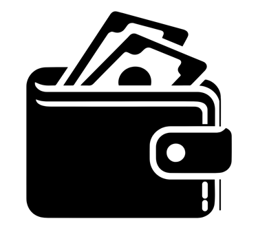 A black leather wallet icon with paper money bills tucked inside, representing savings and finance.