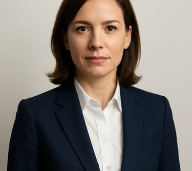 A professional headshot of a female executive in a navy blue suit, set against an off white studio background. Sharp focus, professional lighting, reflecting an authoritative and approachable mood. North American / International.
