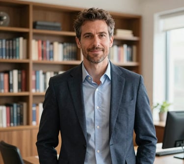 A professional portrait of a male author in North American business casual attire. He is standing in front of a floor-to-ceiling bookshelf in a well-lit home office. The lighting is bright and clean, highlighting his approachable and thoughtful expression.