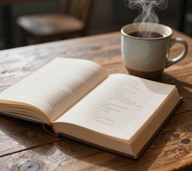 A beautiful close-up of an open poetry book on a rustic wooden table. Beside it sits a ceramic mug of coffee emitting a light steam. The scene is set in a North American cafe with soft morning light and a peaceful, contemplative atmosphere.
