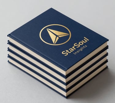 A high-quality studio photograph of a stack of books titled StarSoul Insights. The cover art is clean and modern, featuring an elegant gold icon on a deep navy background, arranged on a light grey surface in a North American setting.