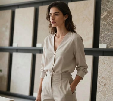 Elegant professional woman in a modern architectural studio in Mexico City, wearing minimalist neutral clothing, background with stone samples, soft natural lighting.