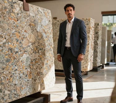 Professional man in a luxury stone showroom in Merida, Mexico, wearing a smart casual outfit, standing next to large granite slabs, warm natural light.