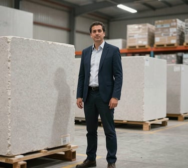Professional logistics expert standing in a modern distribution center in Mexico with large blocks of premium stone, wearing professional business attire, bright lighting.