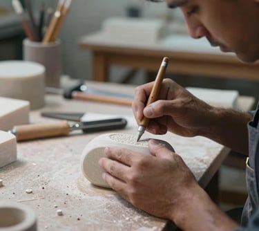 Skilled artisan working in a clean, modern workshop in Central Mexico, focused on hand-carving a piece of fine stone, dramatic natural light, authentic craft.