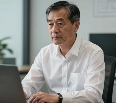 A professional portrait of a senior technical officer wearing a crisp white shirt, sitting at a desk with modern design elements. He looks focused and innovative. East Asian / International Business context.