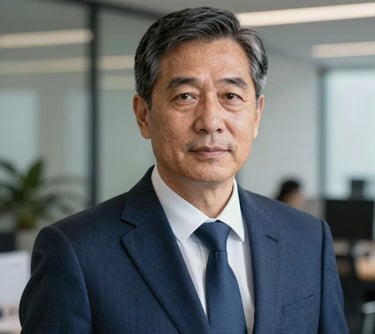 A professional headshot of a senior executive in a dark blue business suit, looking confident and authoritative against a blurred modern office background. East Asian / International Business style.