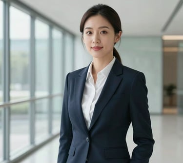 A professional portrait of a female executive in modern professional attire, standing in a bright, clean glass hallway. Her expression is approachable and expert. East Asian / International Business setting.