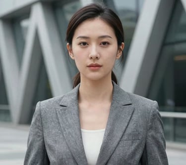 A professional headshot of a woman in a grey tailored blazer, set against a backdrop of a modern architectural structure. She conveys strategic leadership. East Asian / International Business style.
