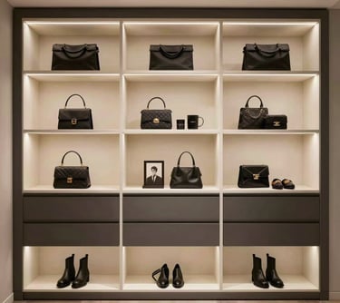 A sophisticated walk-in custom closet with back-lit ivory shelving and dark gray accents. Luxury accessory displays and a minimalist high-end editorial feel. North American / Miamian home interior.