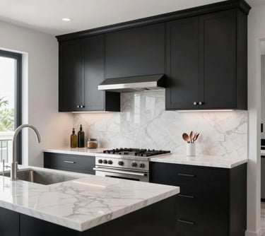 A modern luxury kitchen featuring black matte custom cabinetry and white marble surfaces. Bright, clean, and architecturally stunning. Photography taken in a North American / Miamian residence.