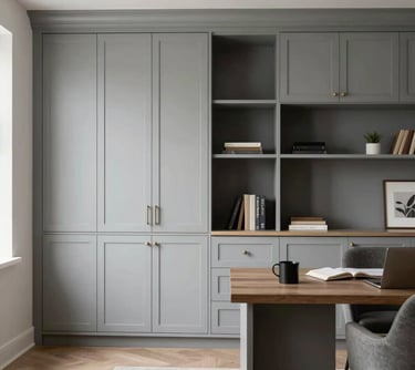 Custom high-end cabinetry in a home office setting. Features clean lines, a soft gray palette, and elegant minimalist styling. North American / Miamian office environment.
