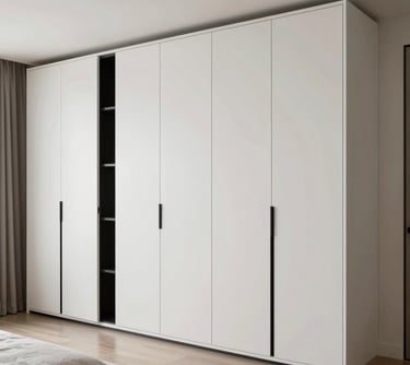 Bespoke floor-to-ceiling storage solution in a luxury master bedroom. Smooth white lacquer panels with subtle black accents. High-end editorial photography in a North American / Miamian residence.