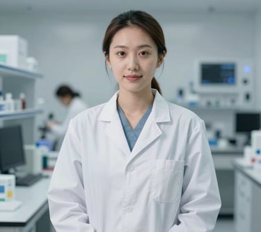 Professional portrait of a female quality control specialist in a clean, high-tech lab setting. Soft professional lighting, sophisticated and clinical atmosphere incorporating #EBF3EE.