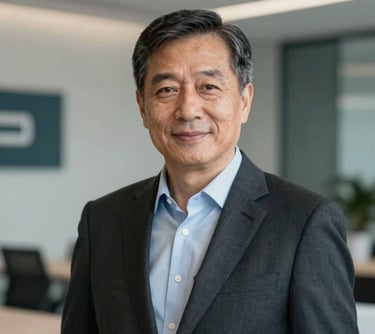 Professional portrait of a senior male executive (CEO) in a sophisticated dark suit. Natural, confident expression against a minimalist corporate background with #0E2A2E accents.