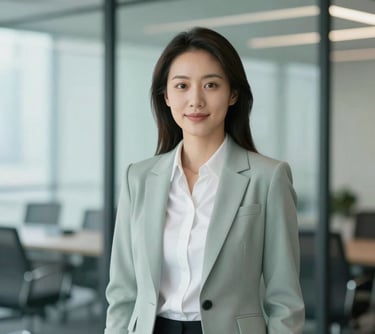 Professional portrait of a female sales director in a modern office with glass walls. She wears professional attire. Background has soft #8BA89D tones. High-end corporate photography style.