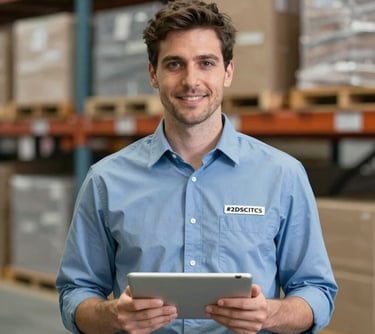 Professional portrait of a male logistics expert holding a tablet. Sharp focus, professional lighting, with a blurred warehouse environment in the background using #2D5C5A tones.