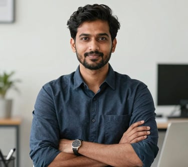 Portrait of a male visa expert in a South Asian / Indian workspace, looking confident and professional, with a clean minimal background.
