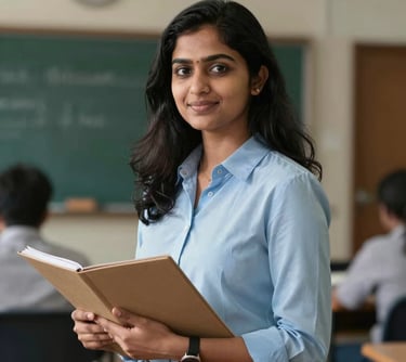 Portrait of a female admissions counselor in a South Asian / Indian academic setting, looking professional and friendly, holding a folder, with Pale Ice Blue and Muted Teal colors.