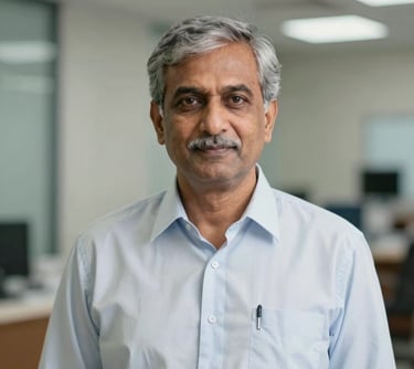 Professional headshot of a male senior medical advisor in a South Asian / Indian clinical office, wearing a professional shirt, with soft bokeh lighting.