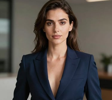Professional portrait of a woman in a stylish dark blue business suit, representing event management. Elegant and professional, European / Português context.