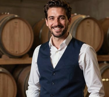 Professional portrait of a male sommelier in a dark blue vest, smiling warmly in a sophisticated cellar setting. European / Português style.