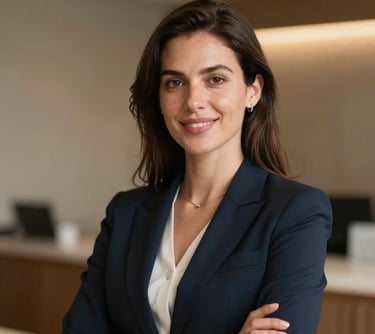 Professional portrait of a woman in smart casual attire, focusing on hospitality and logistics management. Warm and welcoming, European / Português style.