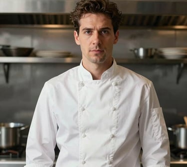 Professional portrait of a man in a crisp white chef's jacket, looking confident in a high-end kitchen. Professional culinary photography style.