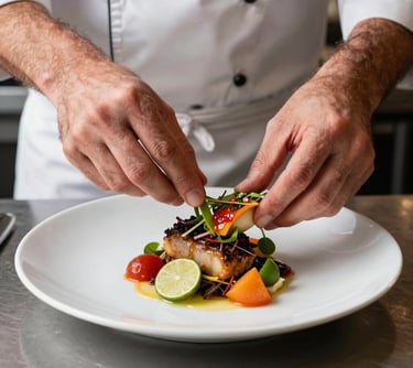 Action shot of a chef plating a sophisticated Mexican dish with precision, focus on hands and vibrant colors of the food, gourmet kitchen setting.