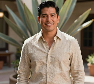 Professional portrait of a male event manager in a Beige linen shirt, standing in a sunlit courtyard with Sage Green plants, North American / Mexican-American.