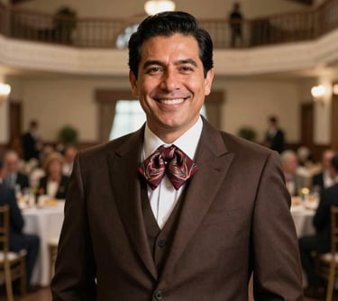 Portrait of a friendly man in a sharp Dark Brown suit standing in an elegant banquet hall, North American / Mexican-American style, professional hospitality headshot.