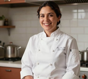Professional portrait of Chef Emma López-Padilla in a white chef coat, smiling warmly in a bright, modern kitchen with Terracotta accents, North American / Mexican-American.