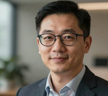 A professional headshot of a male branding specialist with glasses and a friendly expression, Global B2B corporate style.