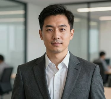 A professional headshot of a male executive in a charcoal suit, set against a clean, out-of-focus modern office background. Global B2B corporate style.