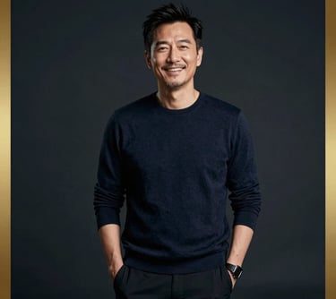 A professional portrait of a male director in his 40s with a dynamic and creative energy. He is standing on a dark cinematic set with deep charcoal navy tones and a sharp burnished gold rim light hitting his silhouette.