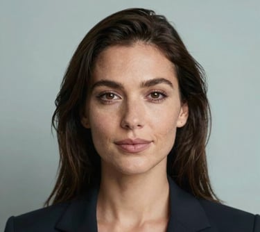 A professional headshot of a female producer. She has a confident, inspiring expression. The background is a soft-focus studio environment with muted slate blue and pale mist colors.