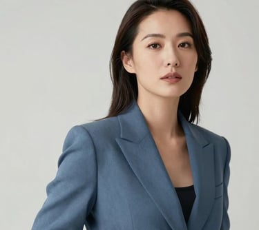 A professional headshot of a woman in her 30s with a sophisticated and visionary look. She is wearing a muted slate blue blazer, standing against a clean pale mist background with cinematic lighting.