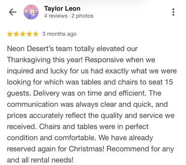 5 star review for wedding rentals in las vegas