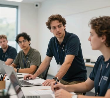 An Australian technical professional leading a workshop in a clean, modern workspace, emphasizing collaboration and professional focus.