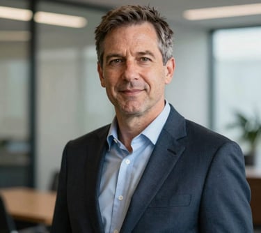 Professional portrait of an Australian public sector expert in professional attire, looking authoritative yet approachable, set against a soft-focus modern office background.
