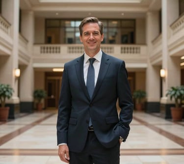 An Australian executive standing in a well-lit foyer of a major government building, conveying trust and forward-thinking leadership.