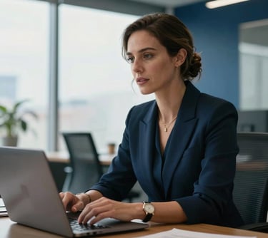 A professional Australian woman in a contemporary office setting, engaged in high-level strategic planning, with natural light and deep blue color accents.