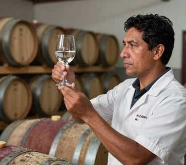 A professional male expert in a South American / Peruvian distillery environment, inspecting a glass of clear pisco with a backdrop of aging barrels.
