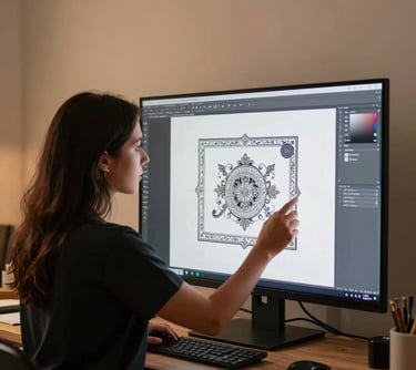 A professional South American / Peruvian designer in a minimalist studio, reviewing digital engraving layouts on a screen with warm almond room accents.