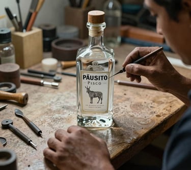 Portrait of a professional artisan in a South American / Peruvian engraving studio, focusing on a crystal pisco bottle with specialized tools nearby.
