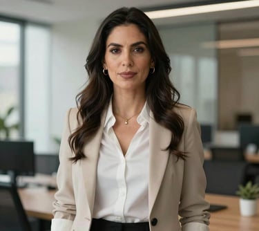 Portrait of a sophisticated female founder in a modern South American / Peruvian professional setting, dressed in elegant business attire.